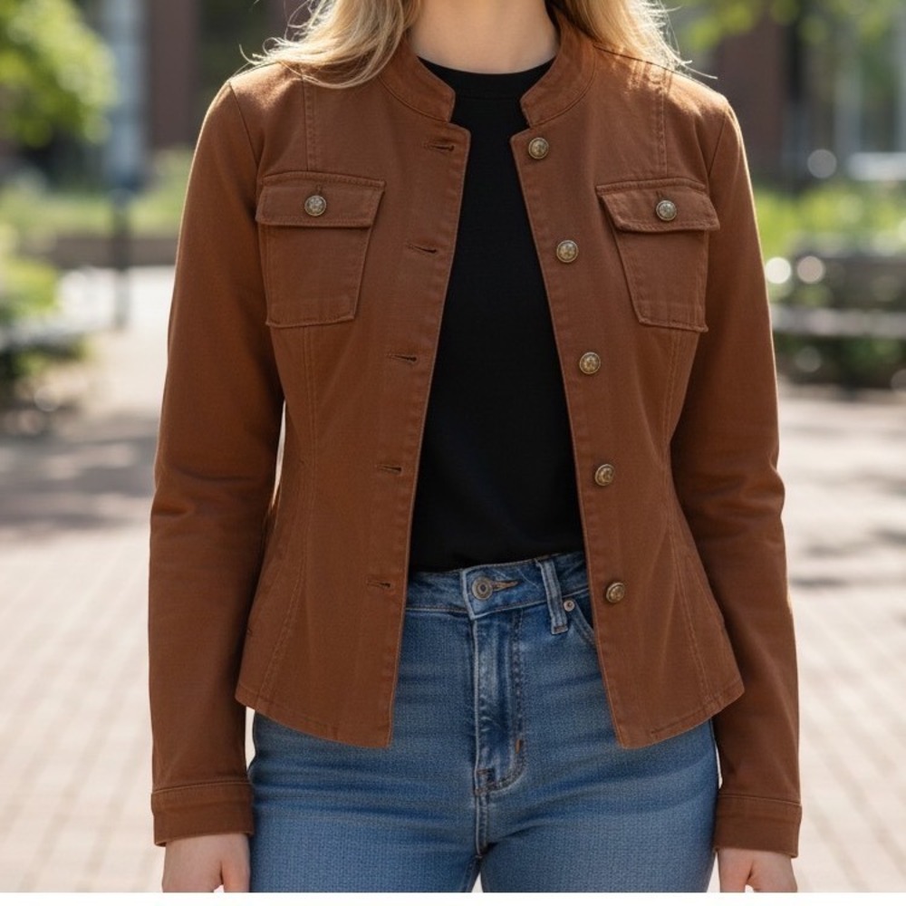 Allegra K Utility Jacket L Brown Excellent Military Stand Collar Button Front